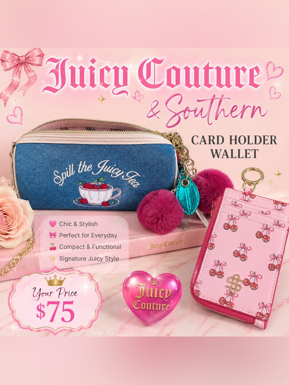 Juicy Couture Pink Cherry Card Holder Wallet with Pom Pom Charm
